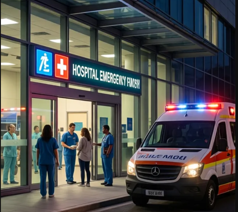 Emergency care in China for foreigners - hospital ER entrance with ambulance and medical staff providing 24/7 emergency services